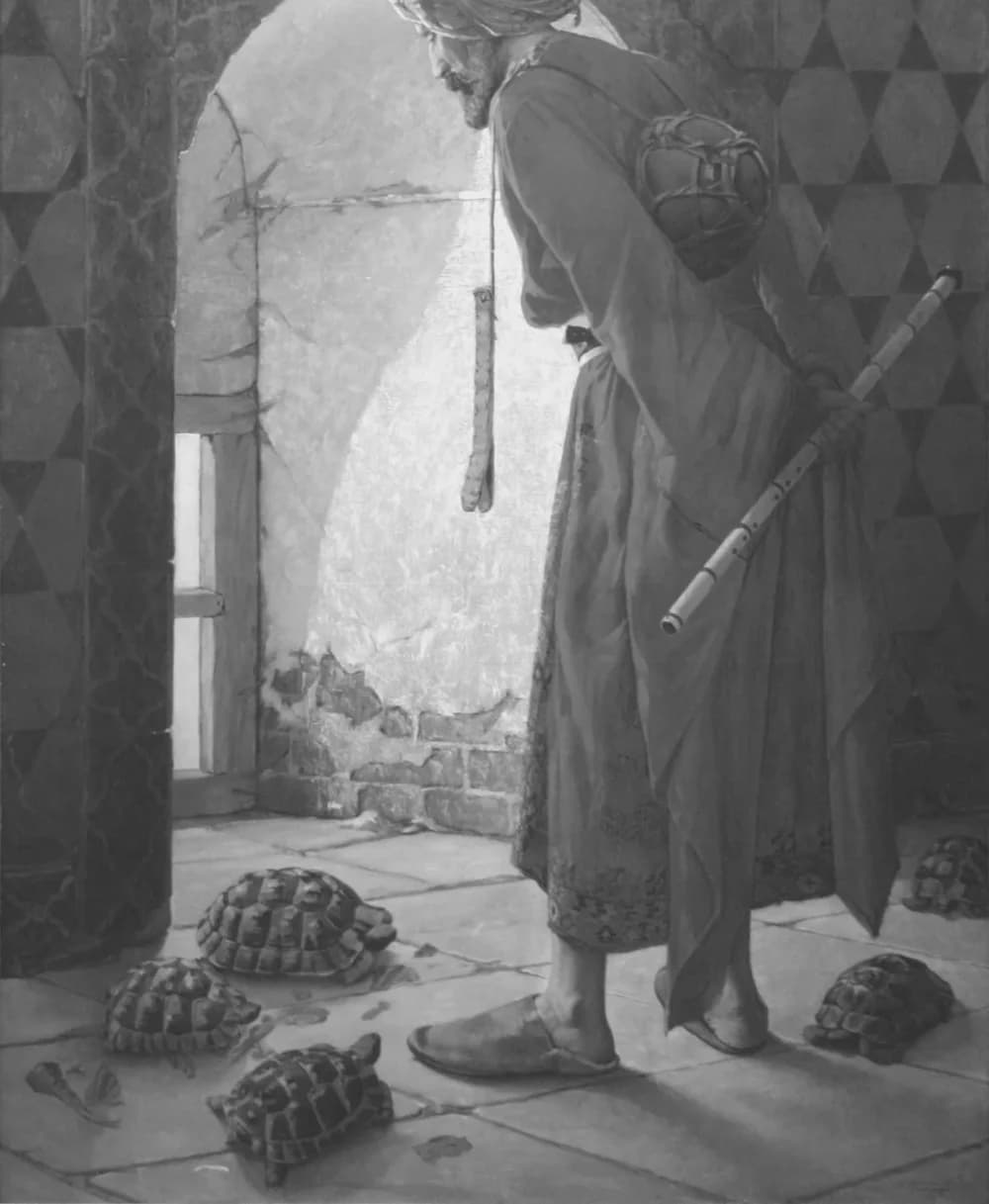 An old man watches a group of tortoises cross a tiled floor: Osman Hamdi Bey's Tortoise Trainer.