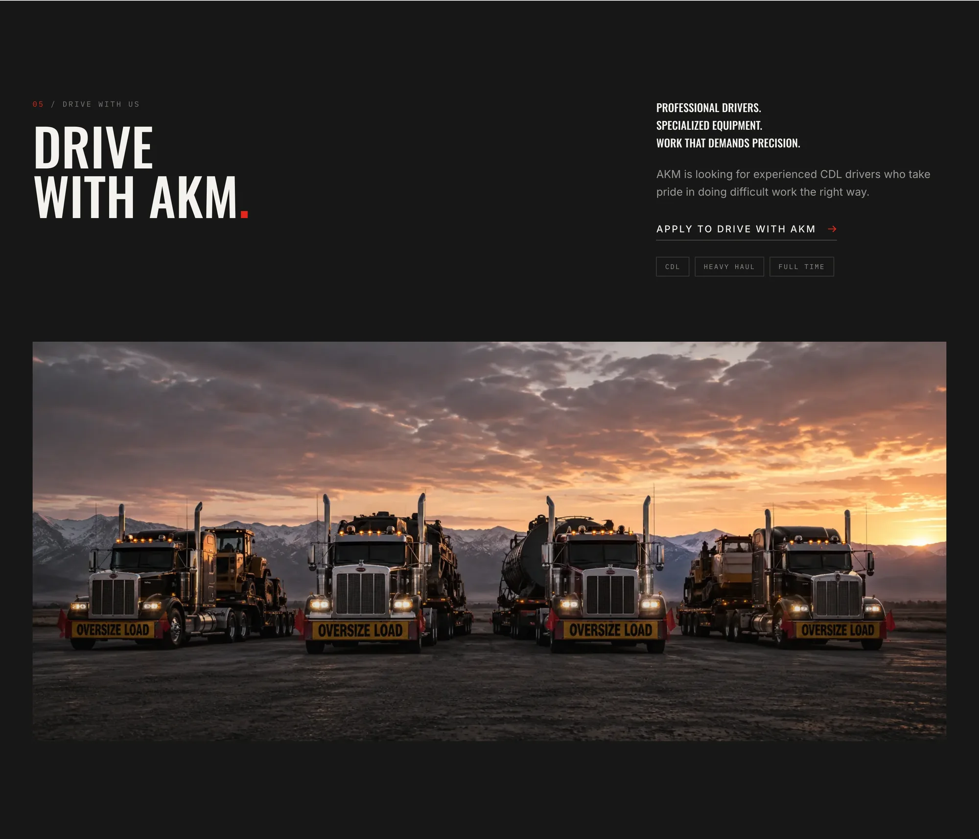 The AKM website's dark driver-recruiting section, "Drive with AKM.", above a line of trucks at sunset