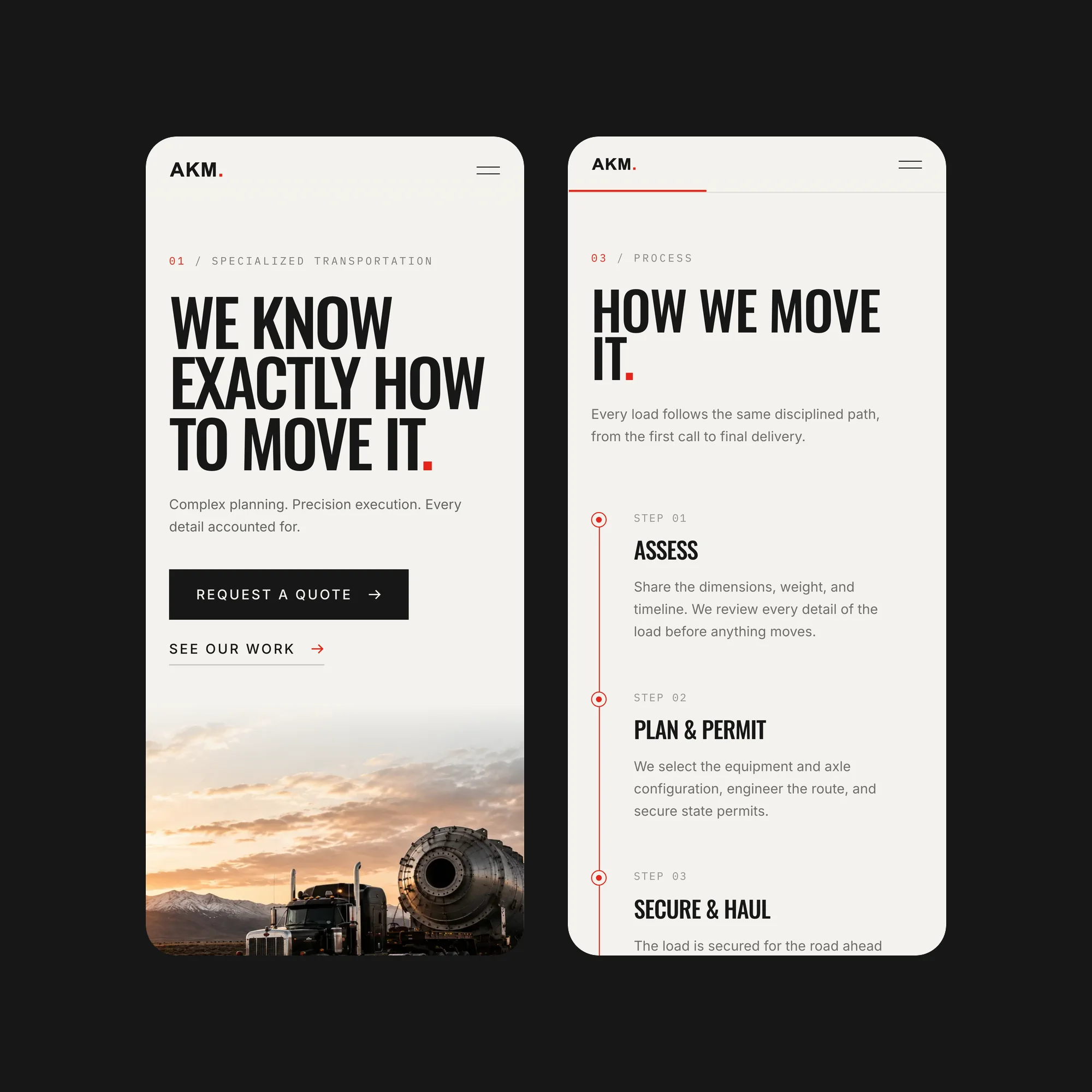 The AKM website on two phones: the opening screen and the four-step process