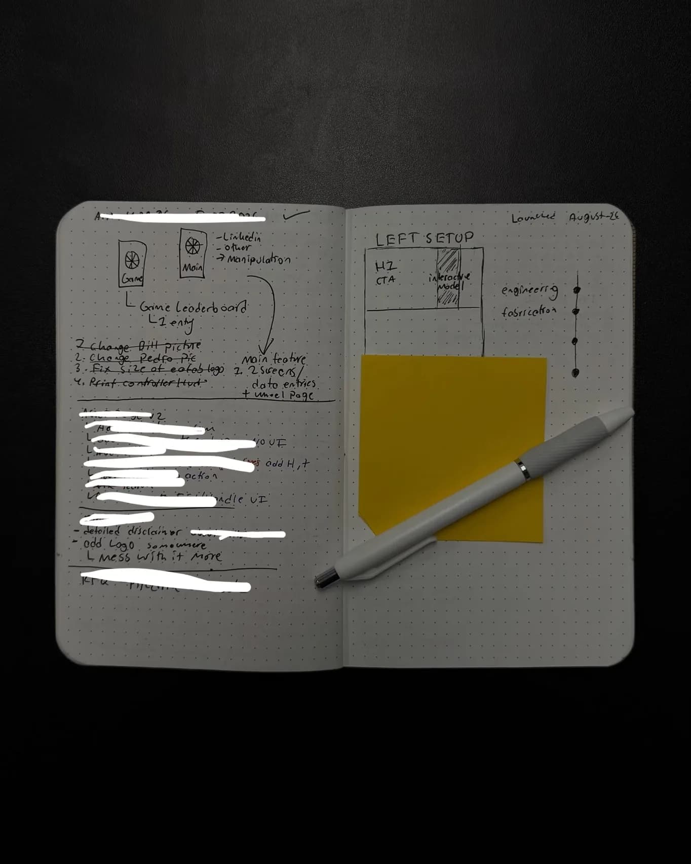 A notebook page planning the EAFab site: a left-column wireframe, feature notes and a launch date