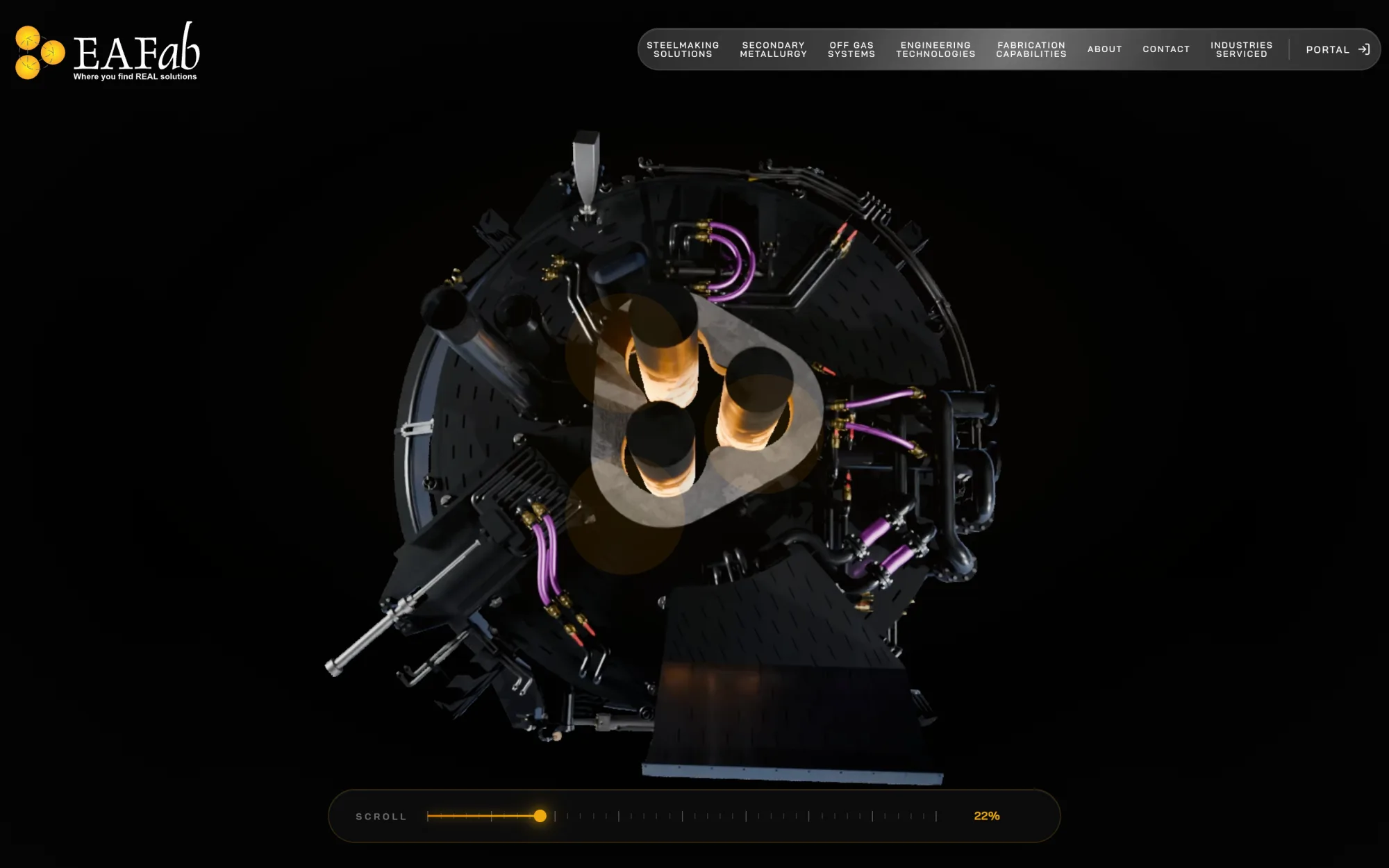 The furnace seen from above as the page scrolls, its three electrodes glowing