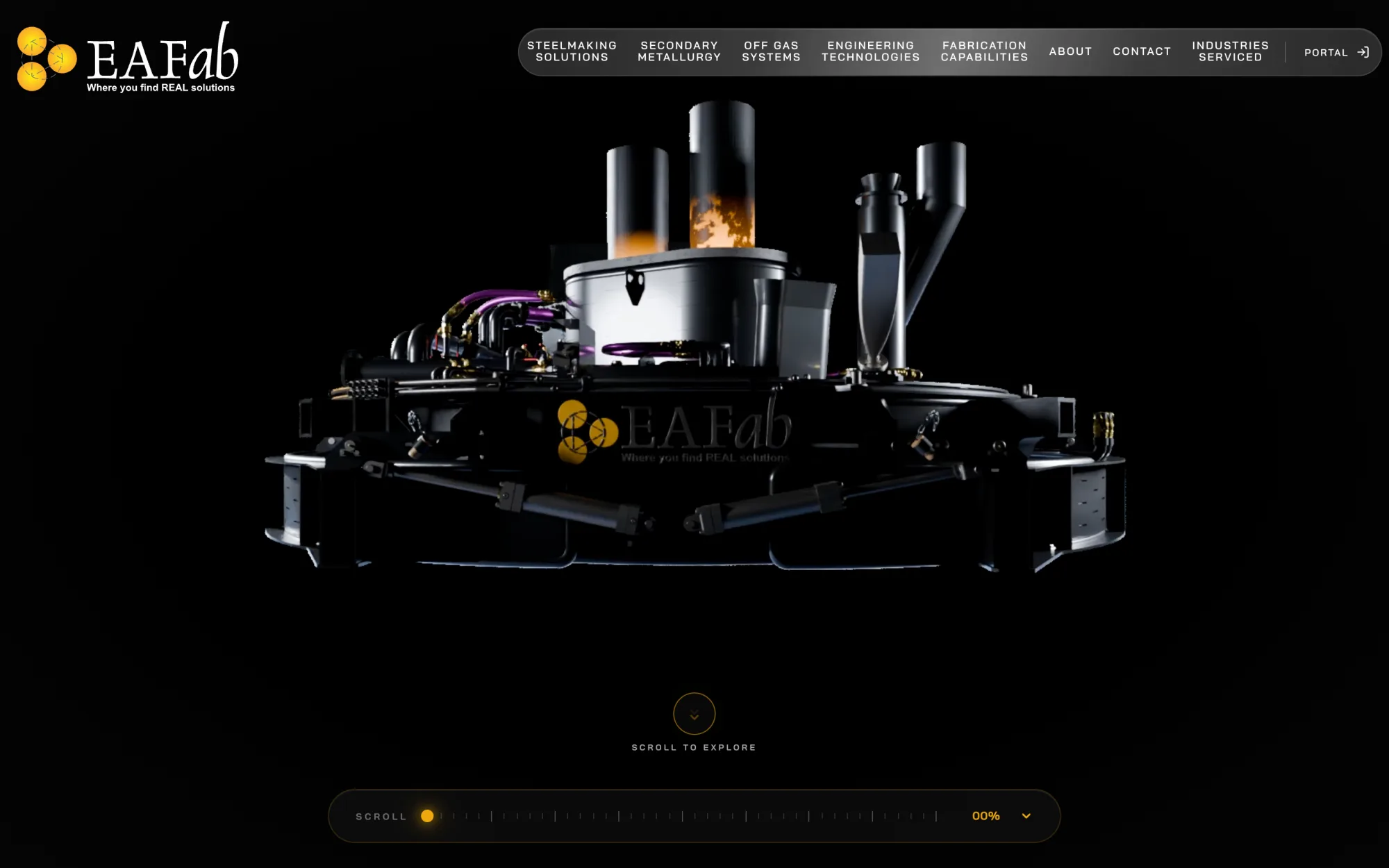 The EAFab website's Engineering Technologies page: a 3D electric arc furnace on black, above a scroll gauge