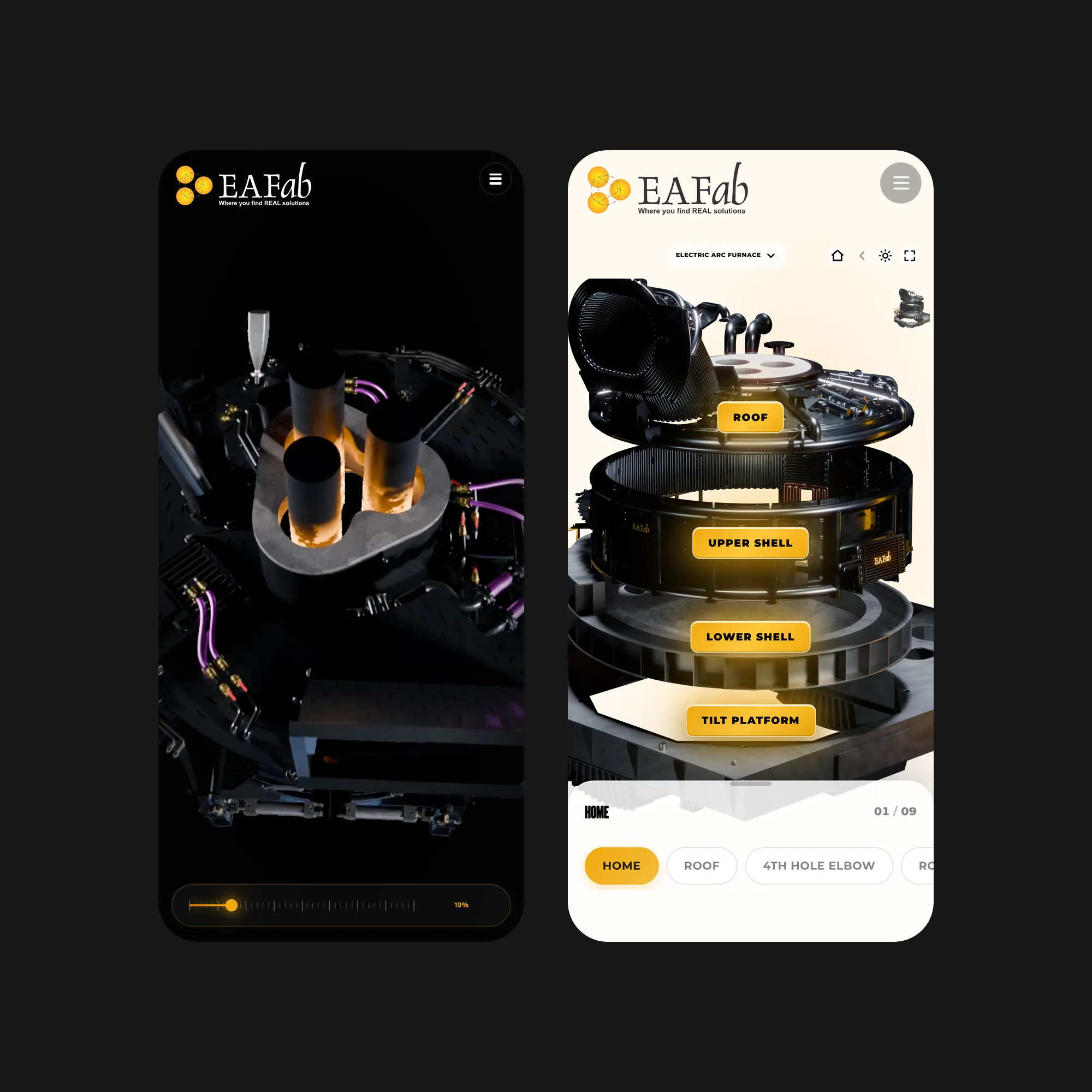 The EAFab website on two phones: the furnace sequence from above, and the furnace taken apart into labelled components