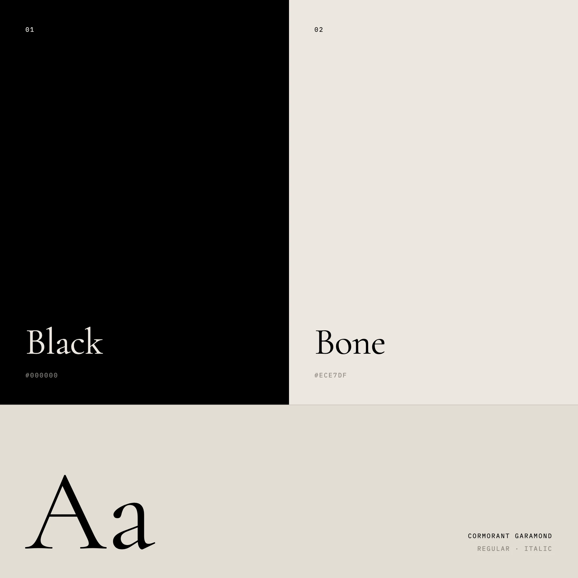 The Kyzr palette, black and bone, above a Cormorant Garamond specimen