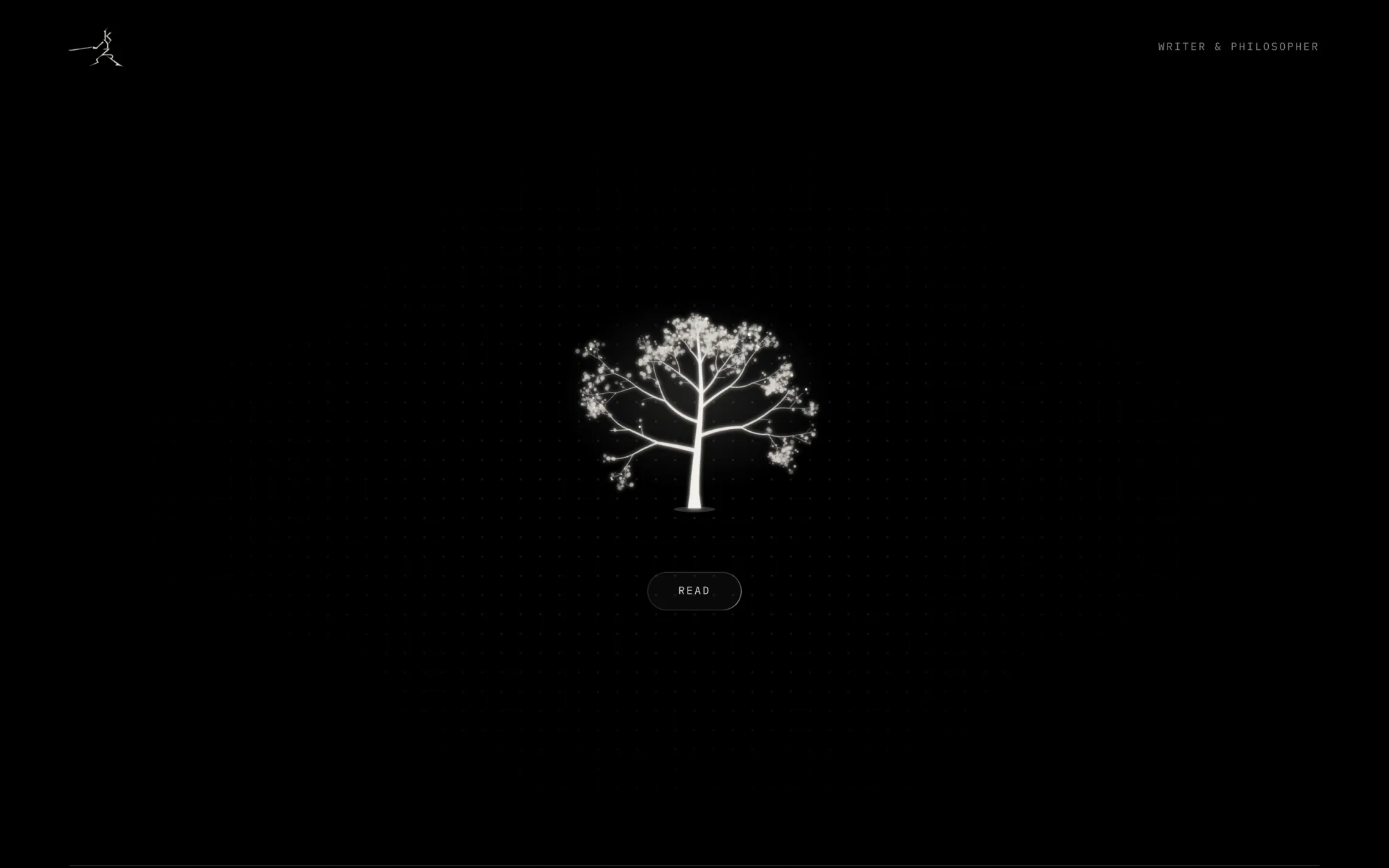 The Kyzr website's index: a glowing tree in the middle of a black room, with one button, Read