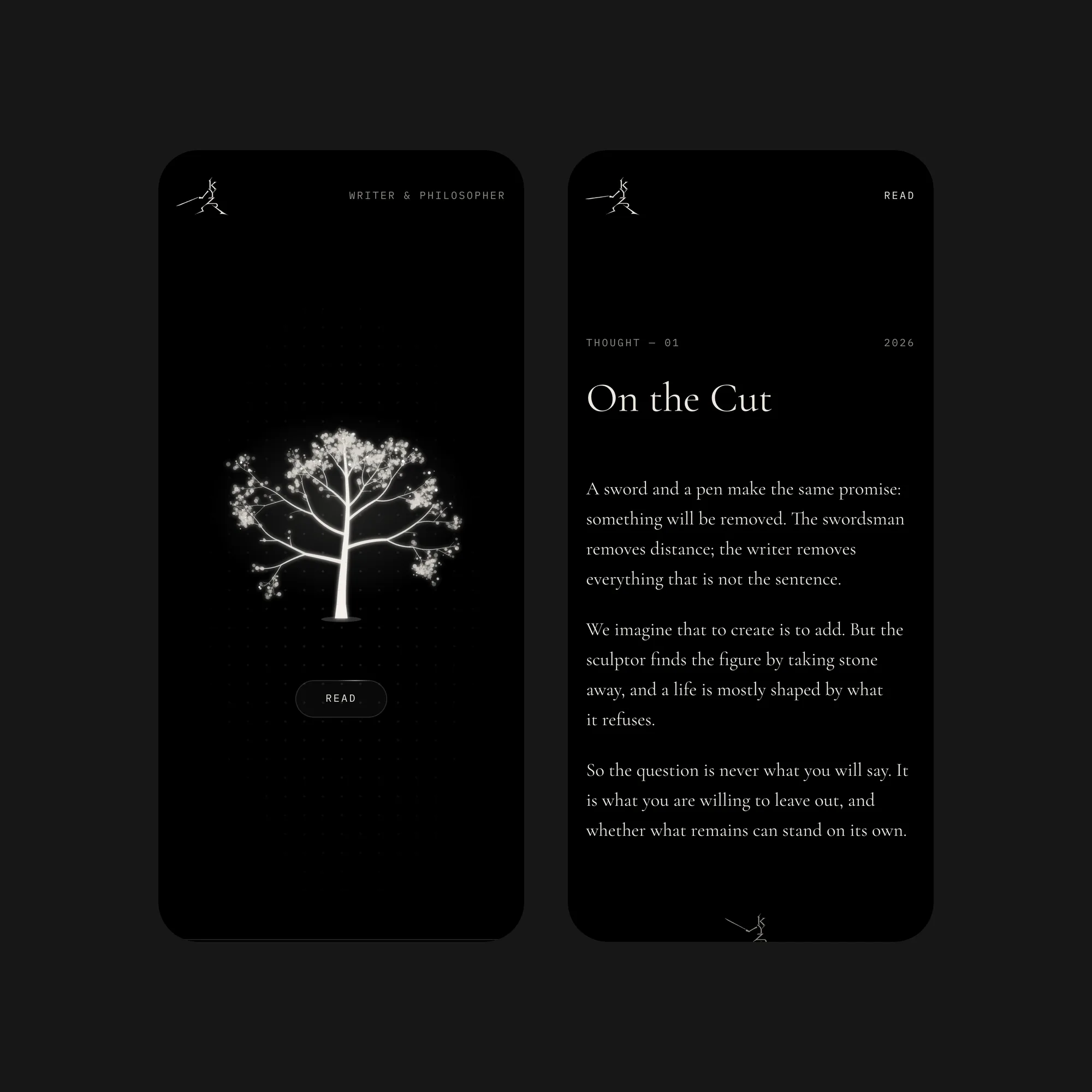 The Kyzr website on two phones: the tree on the index, and the essay On the Cut