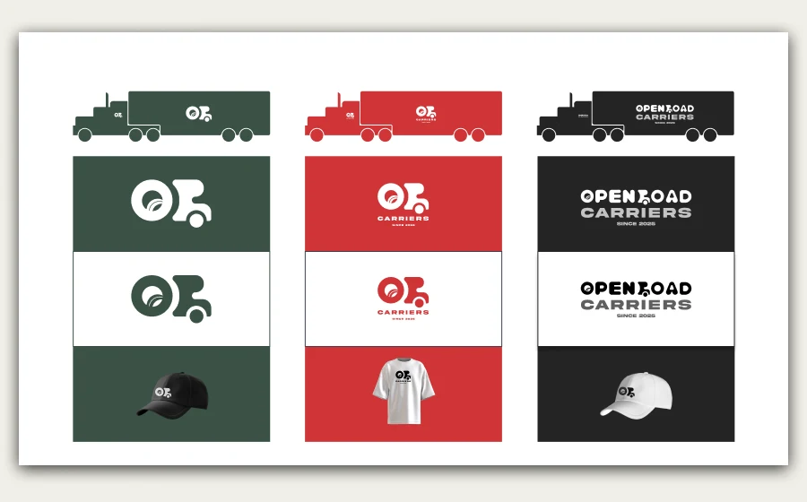 Open Road Carriers in green, red and black on trailers, panels, a cap and a T-shirt
