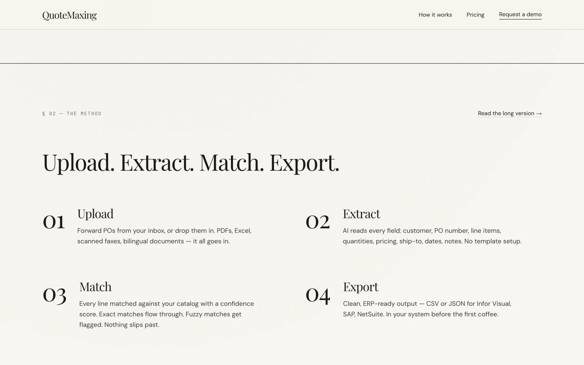 The QuoteMaxing website's method: Upload, Extract, Match, Export, as four numbered steps