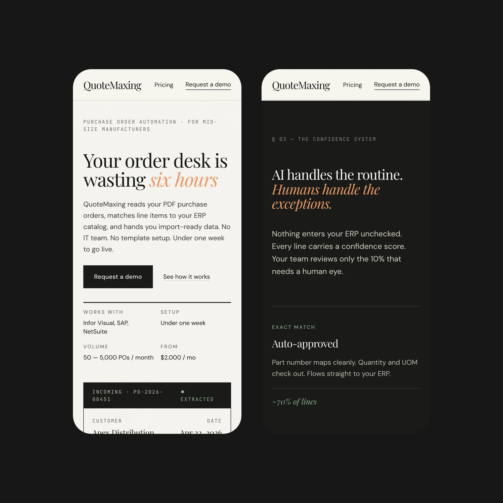 The QuoteMaxing website on two phones: the opening screen, and the confidence system on graphite